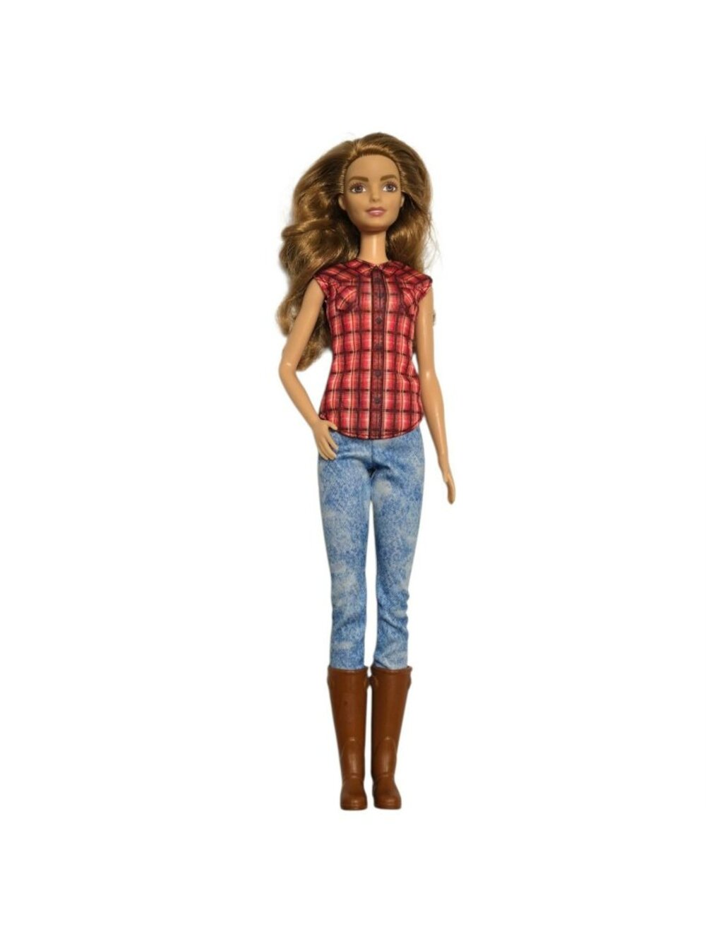 Country Farmer Barbie Doll Plaid Top Blue Pants Clothes Boots Farming Career Toy